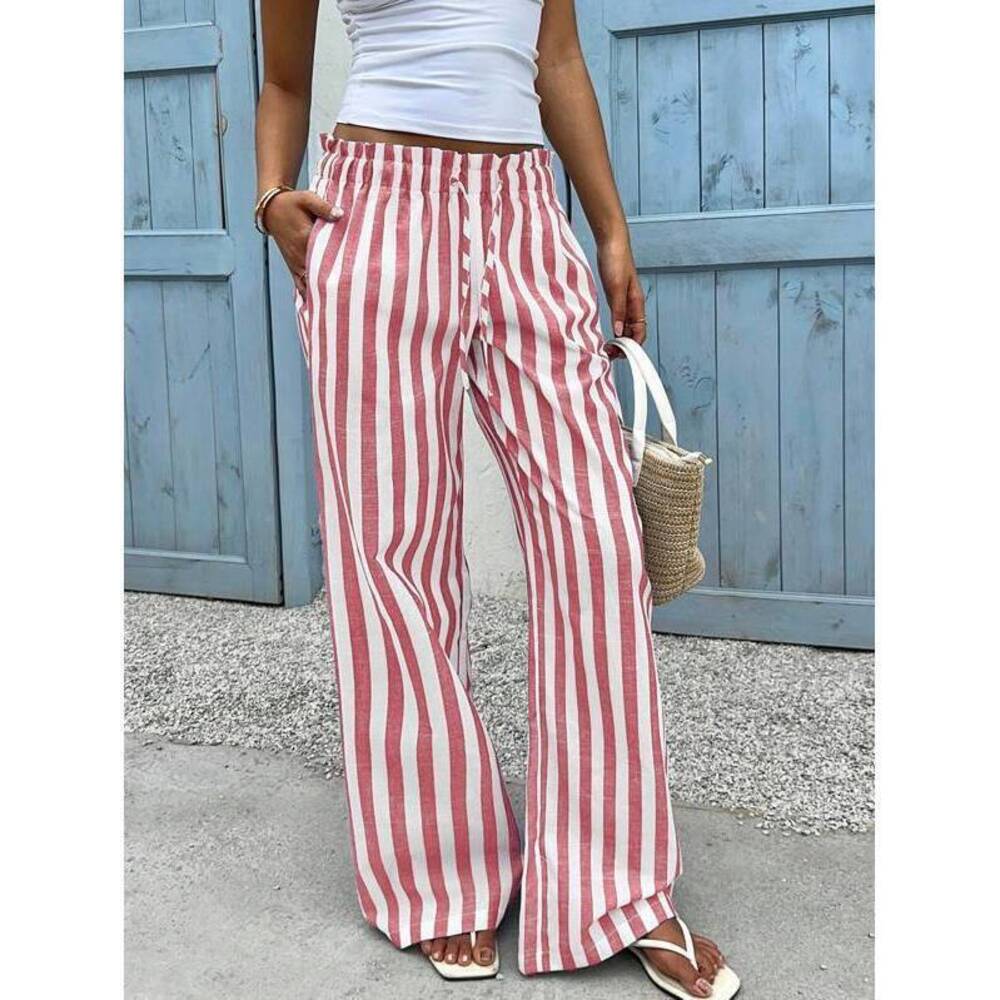 EZwear Red & White Striped Woven Wide Leg Pants For Women Boho Beach Summe